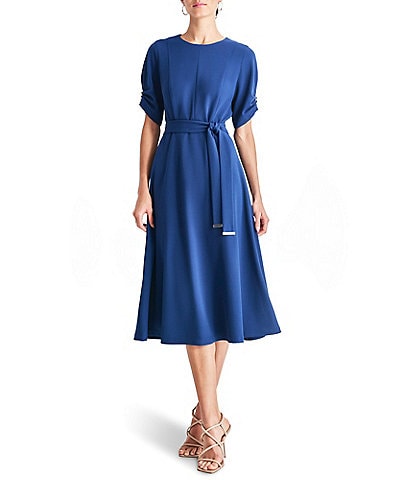 DKNY Knit Round Neck Short Ruched Sleeve Tie Waist Midi Dress