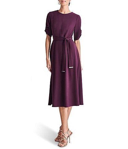 DKNY Knit Round Neck Short Ruched Sleeve Tie Waist Midi Dress