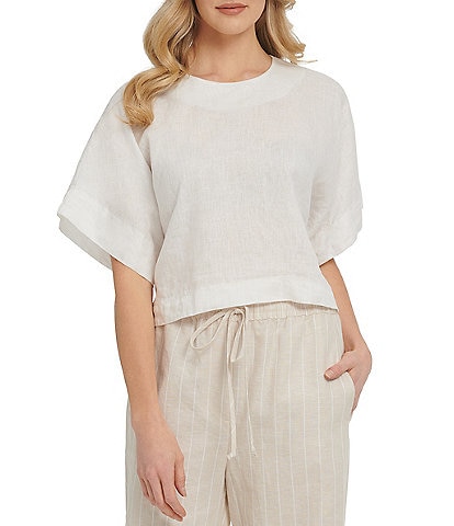 DKNY Linen Round Neck Drop Shoulder Woven Short Sleeve Cropped Top