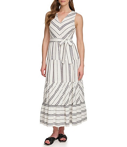 DKNY Linen Stripe Print V-Neck Sleeveless Tie Waist Maxi Dress