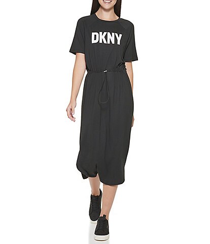 DKNY Logo Drawstring Waist Jewel Neck Short Sleeve Knit Midi Dress