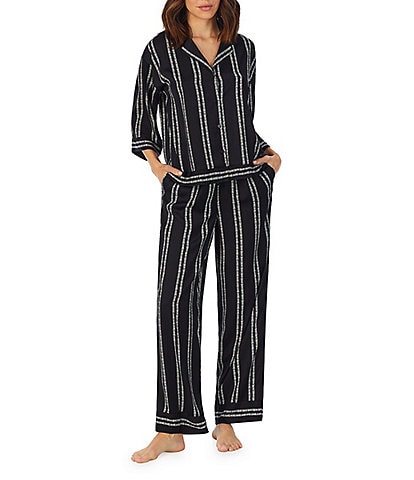 DKNY Logo Striped Satin 3/4 Sleeve Notch Collar Long Pajama Set