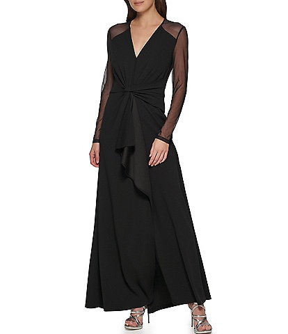 DKNY Long Mesh Sleeve V-Neck Drape Front Dress