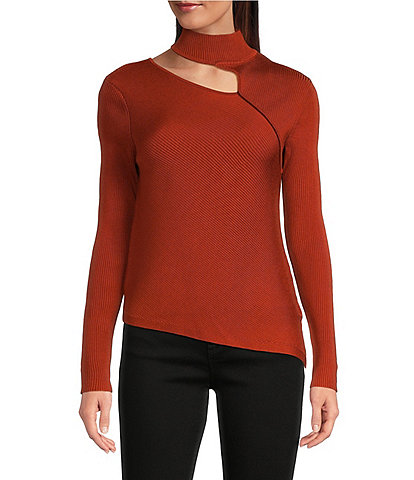 DKNY Long Sleeve Cut-Out Mock Neck Knit Top