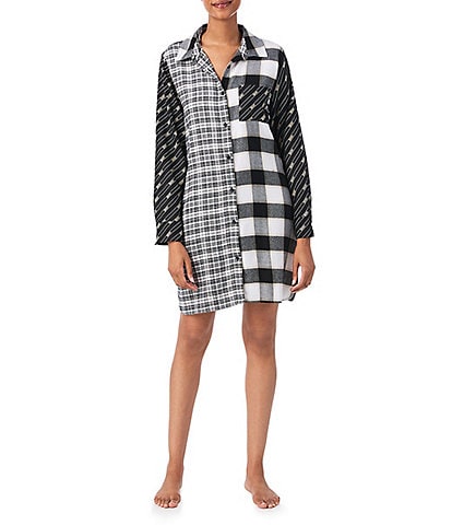 DKNY Long Sleeve Notch Collar Plaid Patchwork Print Flannel Button Front Nightshirt