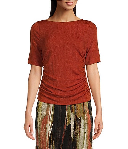 DKNY by Donna Karan Lurex Rib Knit Elbow Sleeve Crew Neck Top