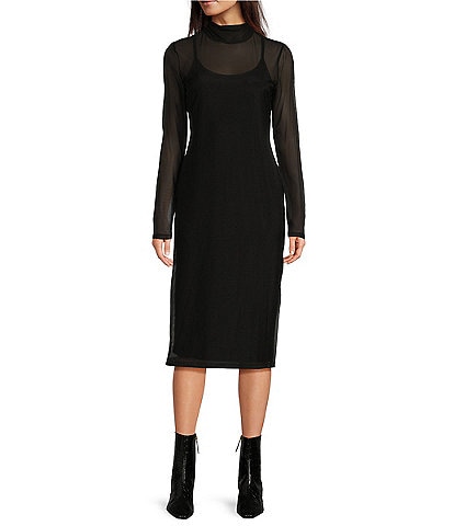 DKNY Mesh Turtle Neck Long Sleeve Midi Dress