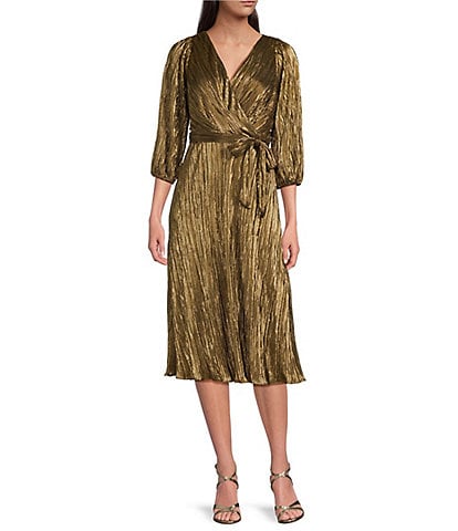 DKNY Metallic Knit V-Neck 3/4 Balloon Sleeve Tie Waist Midi Dress