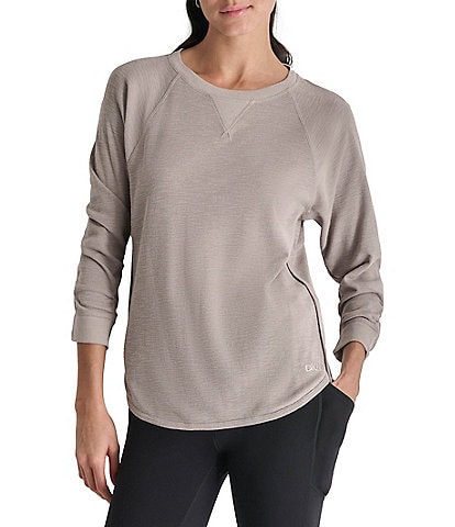 DKNY Sport Mini Slub Waffle Knit Crew Neck 3/4 Ruched Sleeve Tee