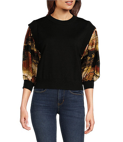 DKNY Mix Media 3/4 Satin Sleeve Sweater Knit Top