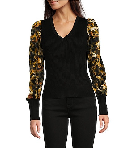 DKNY Knit Mix Media Puff Long Sleeve Top