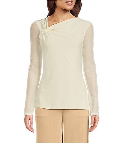 DKNY Mixed Media Asymmetrical V-Neck Long Mesh Sleeve Twisted Fitted Top