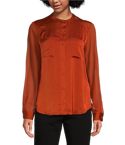 DKNY Mixed Media Banded Collar Long Sleeve Utility Shirt