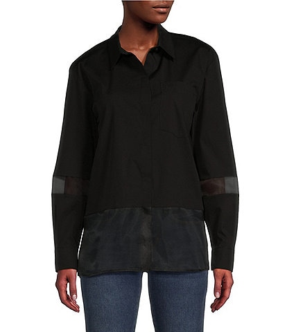 DKNY Mixed Media Collared Neck Long Sleeve Button Down Shirt