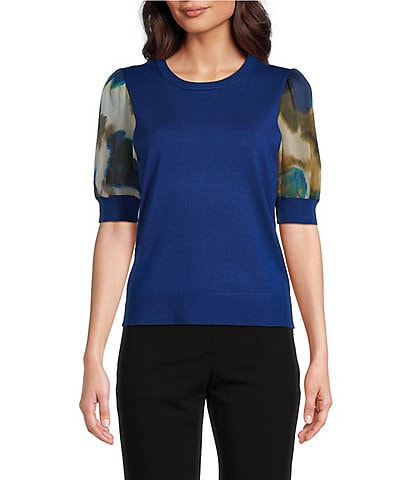 DKNY Mixed Media Crew Neck Printed Puff Sleeve Top