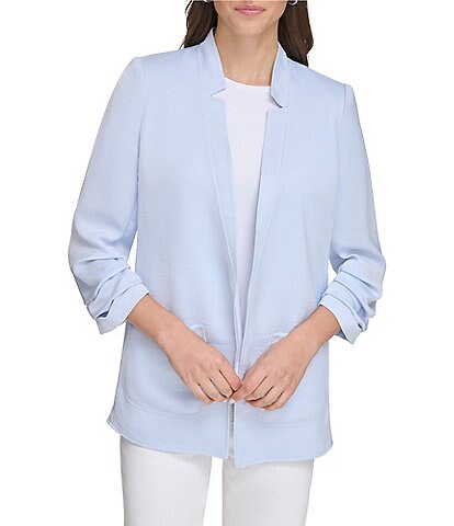 DKNY Notch Collar 3/4 Ruched Sleeve Open Front Blazer