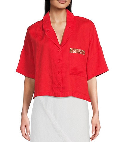 DKNY Notch Collar Short Sleeve Embellished Chest Pocket Button Front Shirt