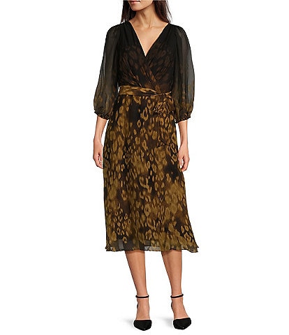 DKNY by Donna Karan Ombre Leopard Print V-Neck 3/4 Balloon Sleeve Dress