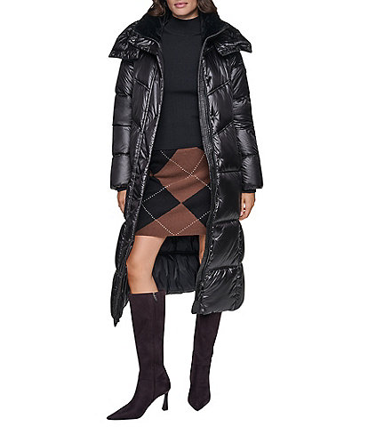 DKNY Pearlized Quilted Funnel Collar Hooded Long Maxi Puffer