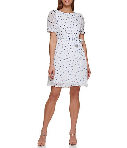 DKNY Petite Size Cloud Dot Print Short Puff Sleeve Crew Neck Crinkle Chiffon Fit and Flare Dress