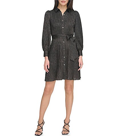 DKNY Petite Size Collared Neckline Long Sleeve Pleated Shirt Dress