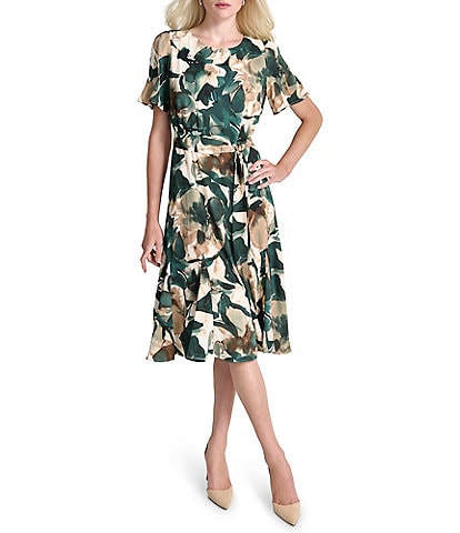 DKNY Petite Size Floral Print Crew Neck Godet Sleeve Belted A-Line Dress