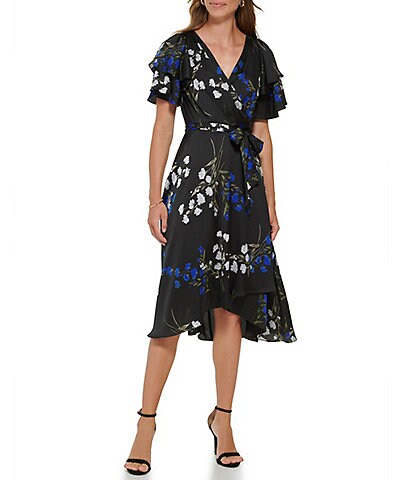 DKNY Petite Size Floral Print Short Flutter Sleeve Surplice V-Neck Satin Faux Wrap Midi Dress