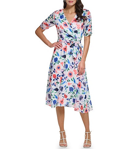 DKNY Petite Size Floral Print Short Sleeve Surplice V-Neck Faux Wrap Dress
