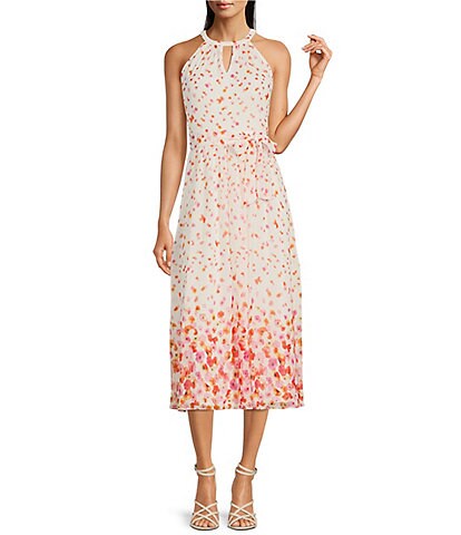 DKNY Petite Size Floral Print Sleeveless Halter Neck Tie Waist Midi Dress
