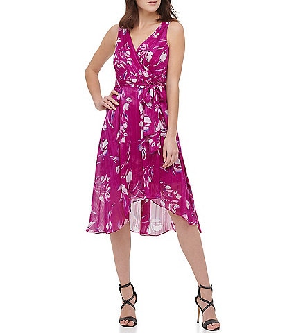 DKNY Petite Size Floral Print Surplice V-Neck Sleeveless Chiffon Tie Waist Faux Wrap High-Low Midi Dress