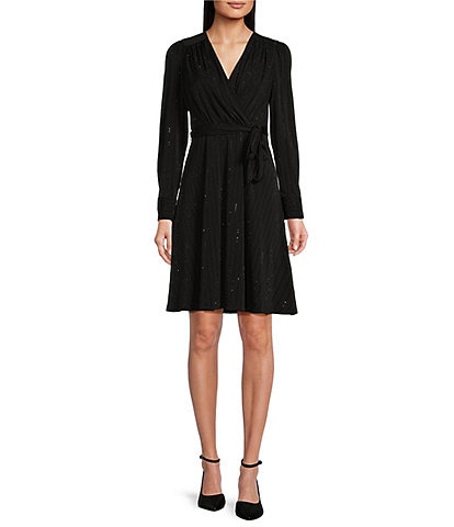 DKNY Petite Size Long Sleeve V-Neck Sparkle Detail Faux Wrap Crepe Dress