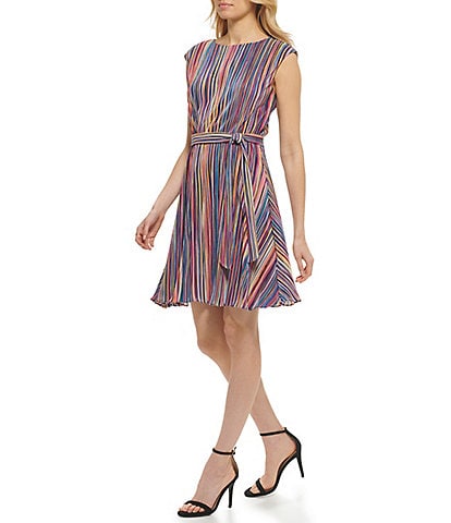 DKNY Petite Size Multicolored Stripe Print Pleated Sleeveless Boat Neck Fit and Flare Dress