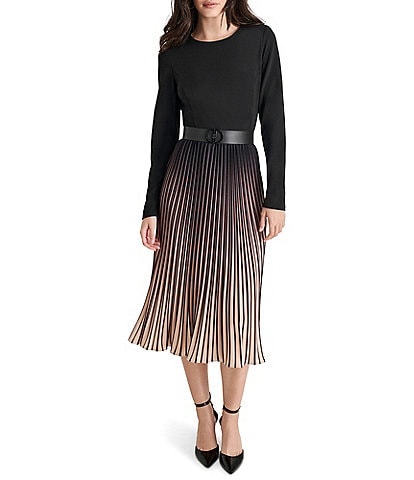 DKNY Petite Size Ombre Knit Crew Neck Long Sleeve Pleated Belted Dress