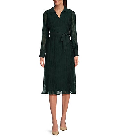 DKNY Petite Size Point Collar Long Sleeve Belted A-Line Midi Dress