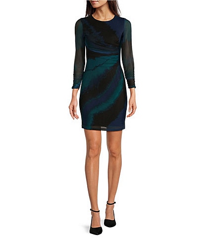 DKNY by Donna Karan Petite Size Printed Mesh Knit Crew Neck Long Sleeve Sheath Dress