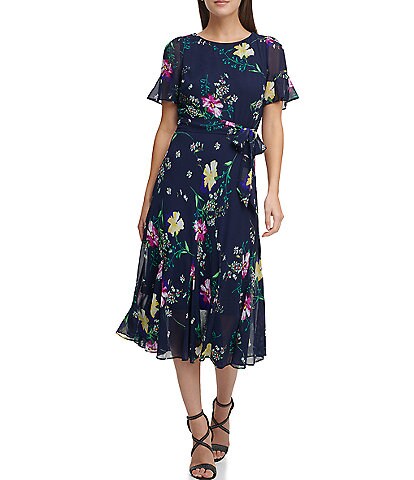 DKNY Petite Size Short Flutter Sleeve Floral Print Chiffon Round Neck Midi Dress