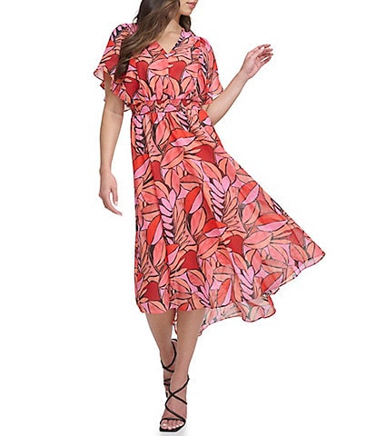 DKNY Petite Size Short Flutter Sleeve V-Neck Printed Fit and Flare Maxi Dress