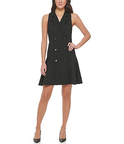 DKNY Petite Size Sleeveless Notch Lapel Collar V-Neck Double Breasted Fit and Flare Blazer Dress