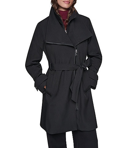 DKNY Petite Size Softshell Stand Collar Asymmetrical Zip Trench Coat