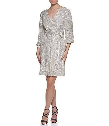 DKNY Petite Size Surplice V-Neck 3/4 Sleeve Sequin Faux Wrap Dress
