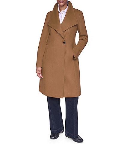 DKNY Petite Size Wool Blend Asymmetrical Neck Trim Button Front Single Breasted Coat