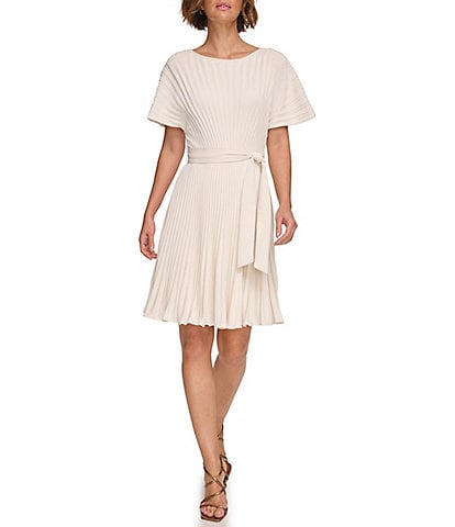 DKNY Petite Size Woven Pleated Crew Neck Short Sleeves Belted Fit & Flare Dress