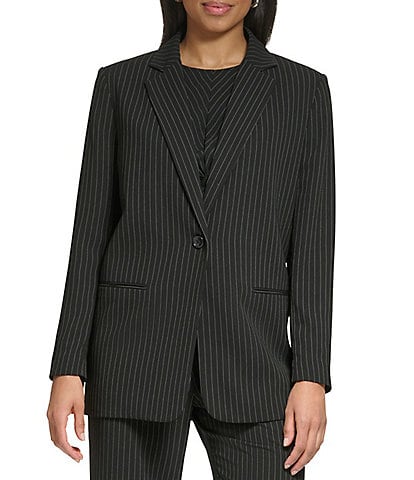 DKNY Pinstripe Notch Collar Long Sleeve Button Front Coordinating Blazer Jacket
