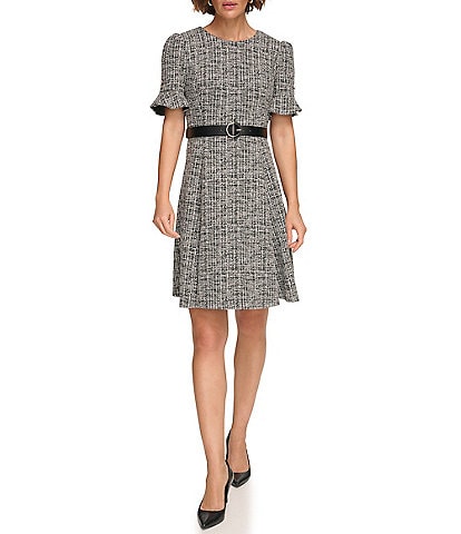 DKNY Plaid Crew Neck Short Flutter Sleeve Belted Fit and Flare Dress