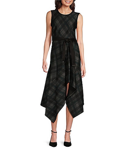 DKNY Plaid Crew Neck Sleeveless Belted Hanky Hem Dress