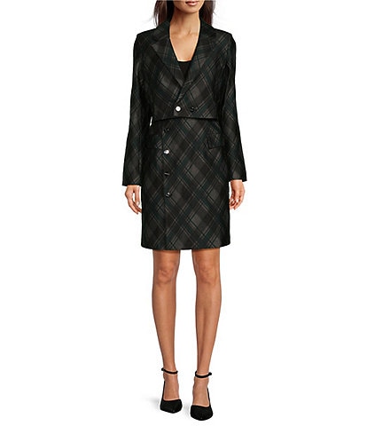 DKNY Notch Lapel Button Detail Long Sleeve Plaid Sheath Dress