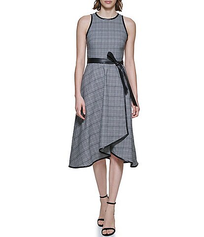 DKNY Plaid Print Crew Neck Sleeveless Piping Trim Vegan Leather Belted High-Low Dress