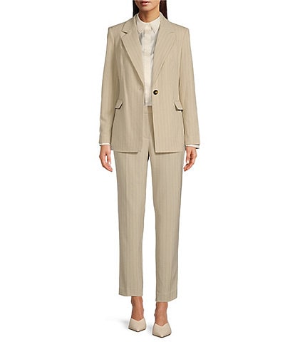 DKNY Plain Woven Stripe Notch Collar Flap Pocket Blazer Jacket & Coordinating Pleated Fly Front Pants