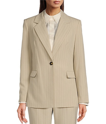 DKNY Plain Woven Stripe Notch Collar Flap Pocket Coordinating Blazer Jacket