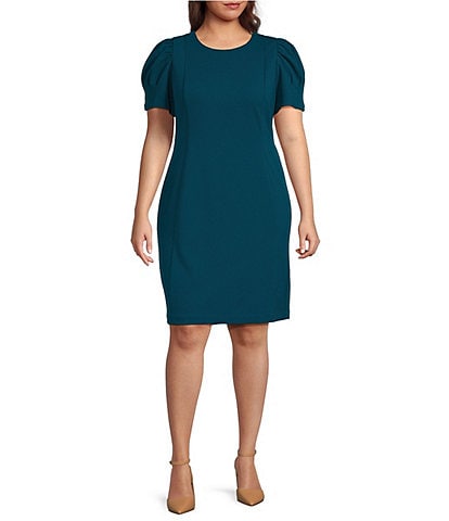 DKNY Plus Size Crepe Crew Neck Puff Sleeve Sheath Dress